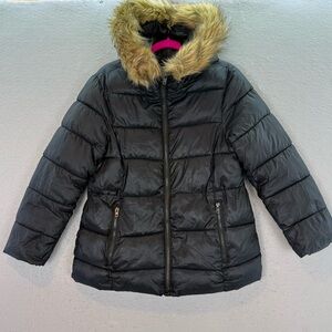 ZARA - Girls black quilted hooded faux fur coat zip up black winter jacket SZ 8